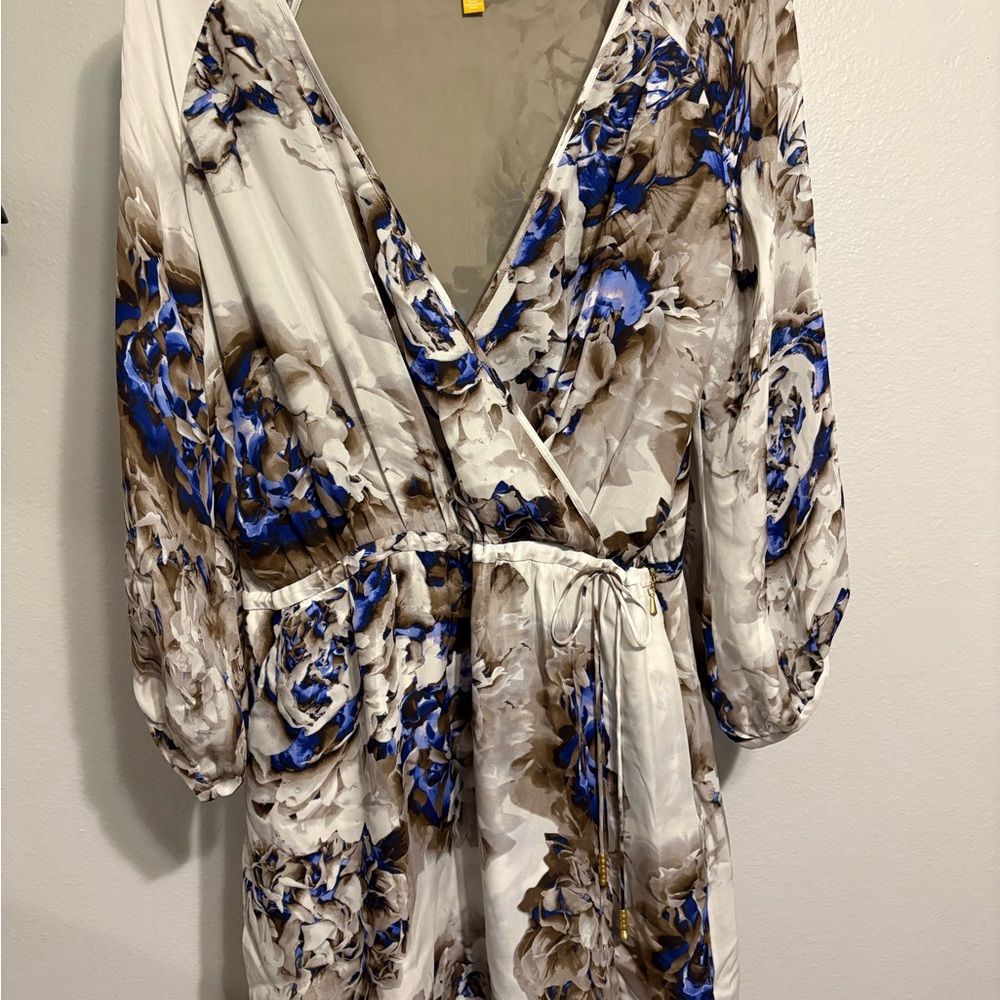 leifsdottir White Floral Wrap Dress with Blue and Brown Accents